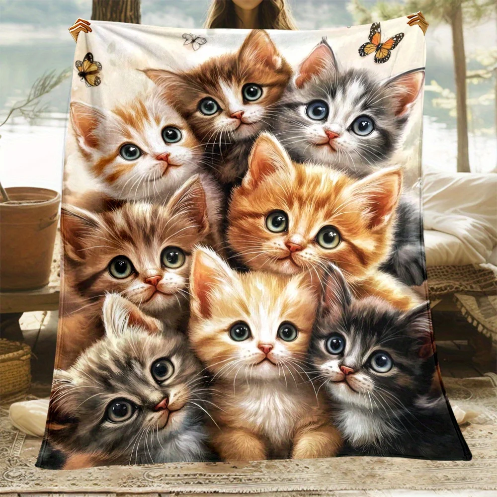 

A kitten and butterfly pattern blanket, lightweight flannel sofa blanket, suitable for sofas, beds, travel, camping,