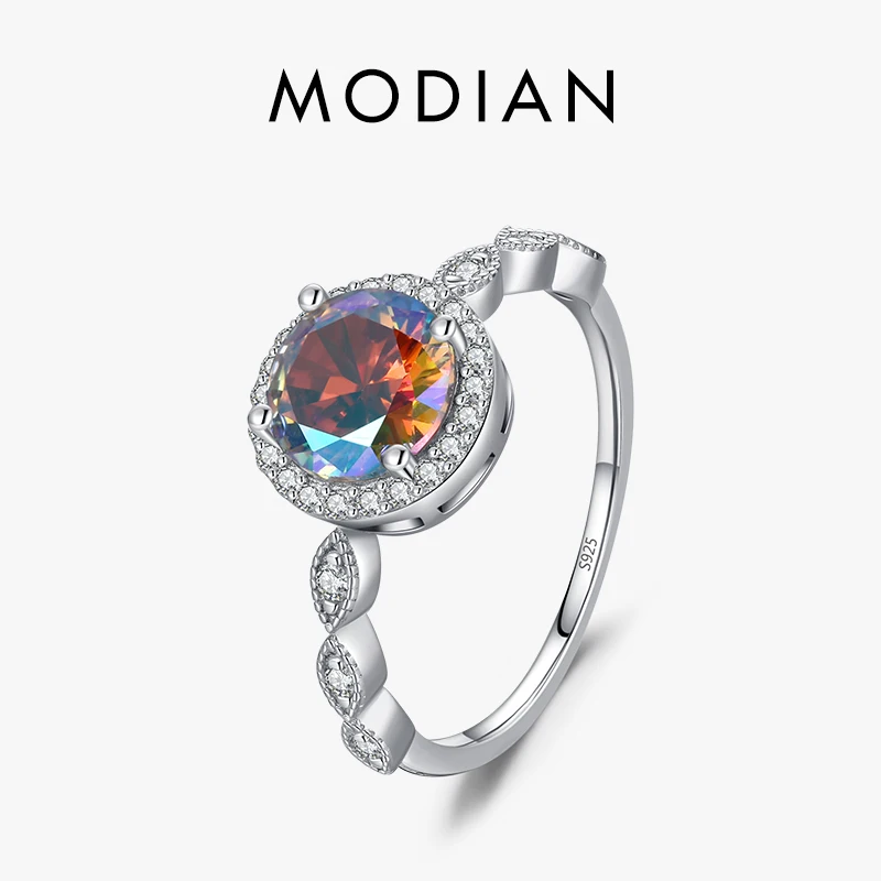 Modian Real 925 Sterling Silver Rainbow Color Zircon Sparkling Round CZ Finger Ring For Women Wedding Fine Jewelry Party Gift