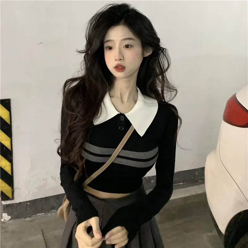 

Cropped Pullovers Women's Clothes Pull Femme Slim Fit Sueter Long Sleeve Fashion Striped Knitting Sweater Jumper Y2k Tops 2025