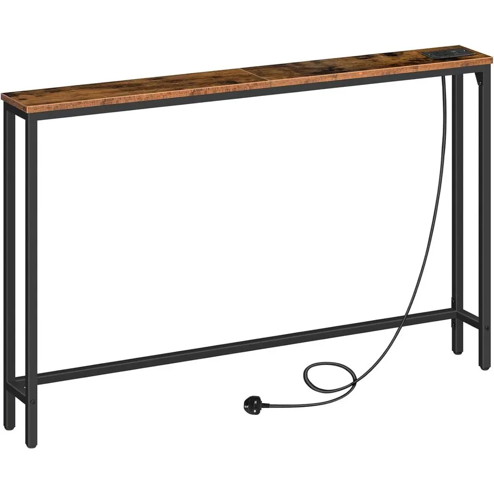 120 cm Charging Station Table for Slim Spaces, Rustic Brown and Black Finish