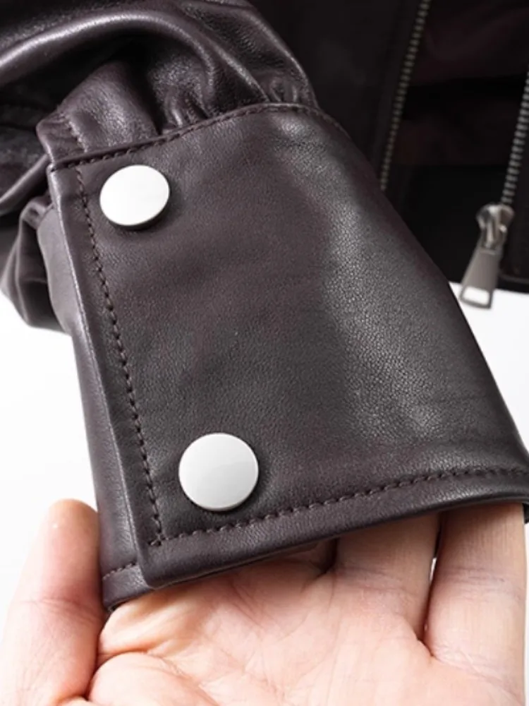 高品質天然シープスキン女性ショートコートスタンドカラー春秋の新ストリートパンクオートバイ本革ジャケット