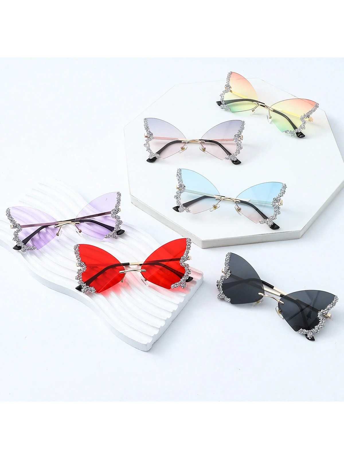 Rhaegal Exquisite Shiny Rhinestones Rimless Butterfly Sunglasses Fashion New Design Decorative Sun Shade Eyeglasses for Women