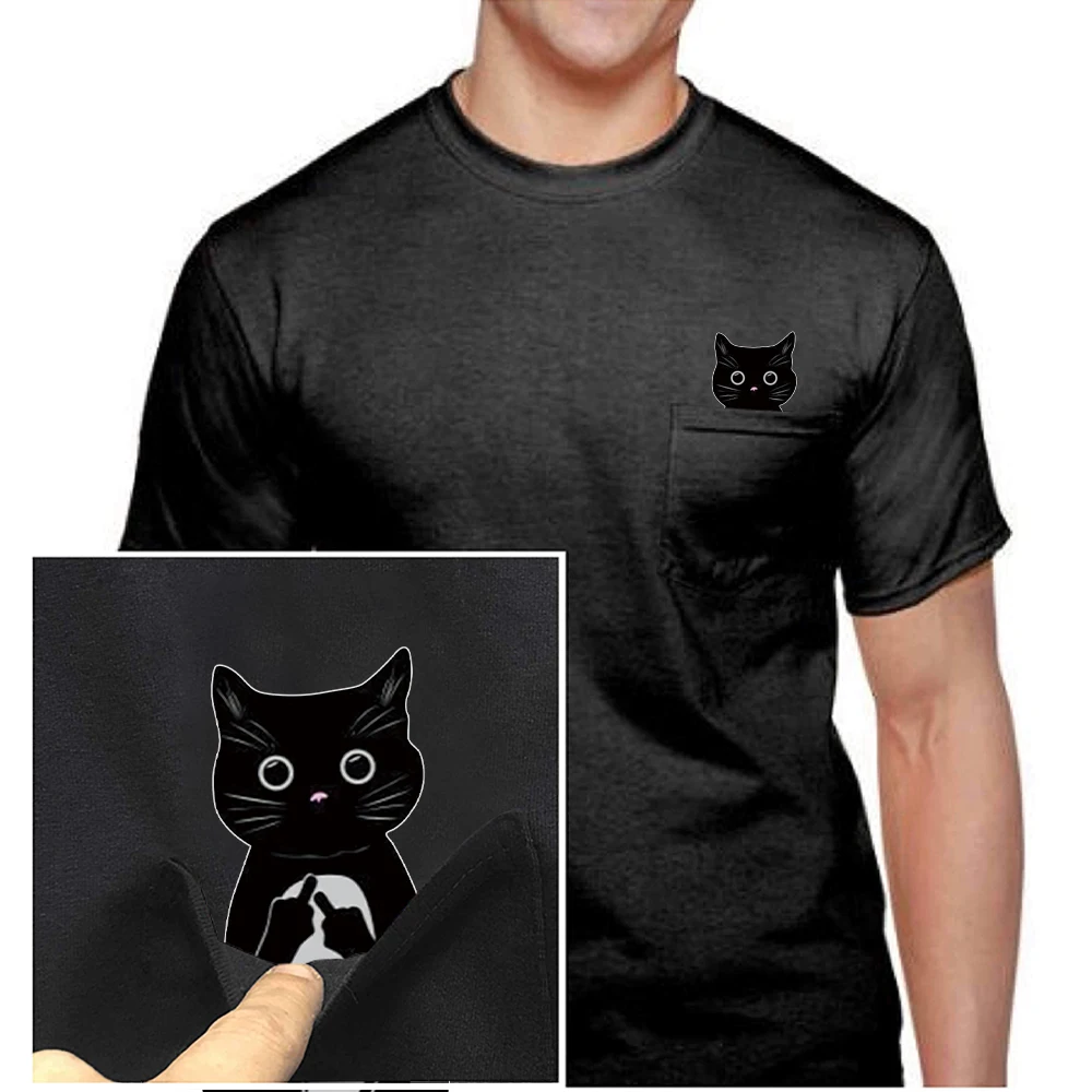 CLOOCL Animal Cotton T-Shirts Cartoon Black Cat Double Middle Finger Pocket T-shirt Mens Women Short Sleeve Shirts Dropshipping