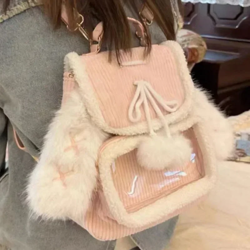 

Sweet Pink Mini Backpacks for Women Rabbit Ears Cute Corduroy Lolita Jk Ita Bag Transparent Plush Kawaii Female Aesthetic Bags