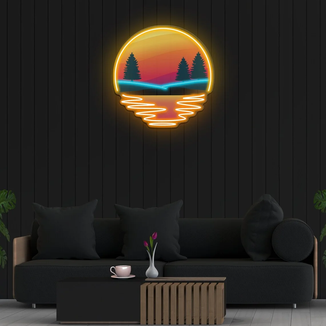 Sunset Neon Sign, Pine Tree Silhouette LED Neon Wall Decor for Nature Lovers, Ideal for Peaceful Home Tropical Sunset Sea Theme