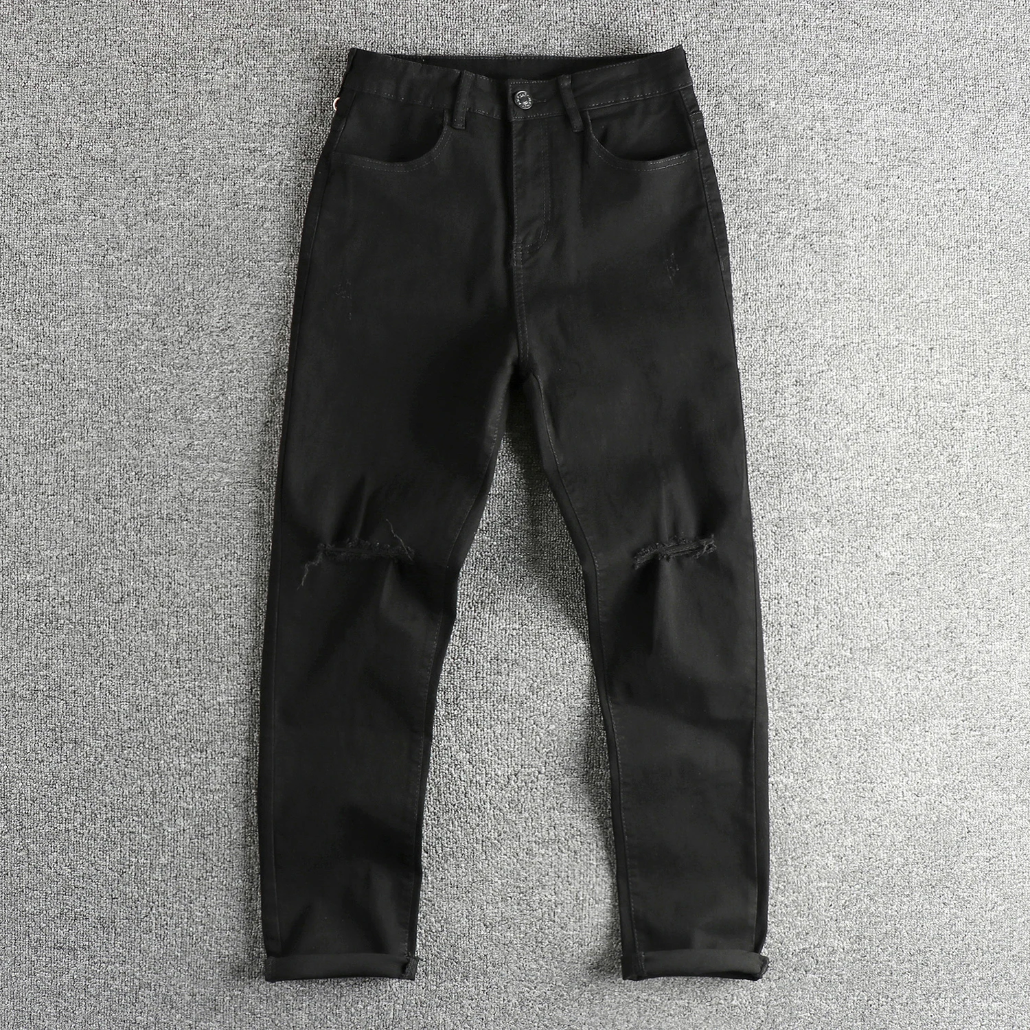 

Black Men's American Streetwear Distressed Jeans for Spring/Summer Slim Straight Fit with Stretch & Ripped Details