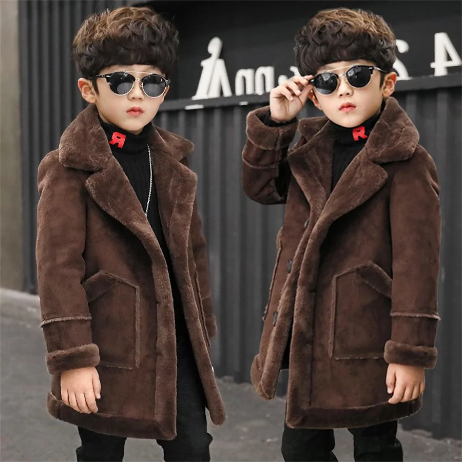Boys Wool Coat Autumn Winter Children\'s Jacket Fashion Turn Collar Plaid Keep Warm Outerwear Teenage Clothes New 5-14Year