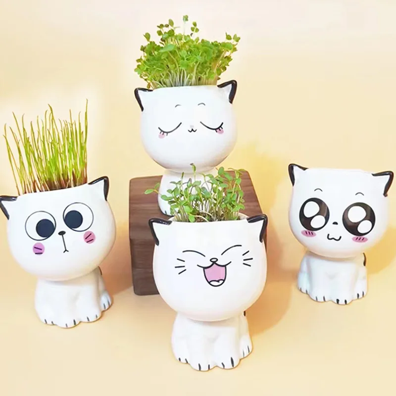 Cartoon Cute Cat Shaped Ceramic Flowerpot  Kindergarten Pupils Hand Desktop Potted Desk Decorate Small Ornaments