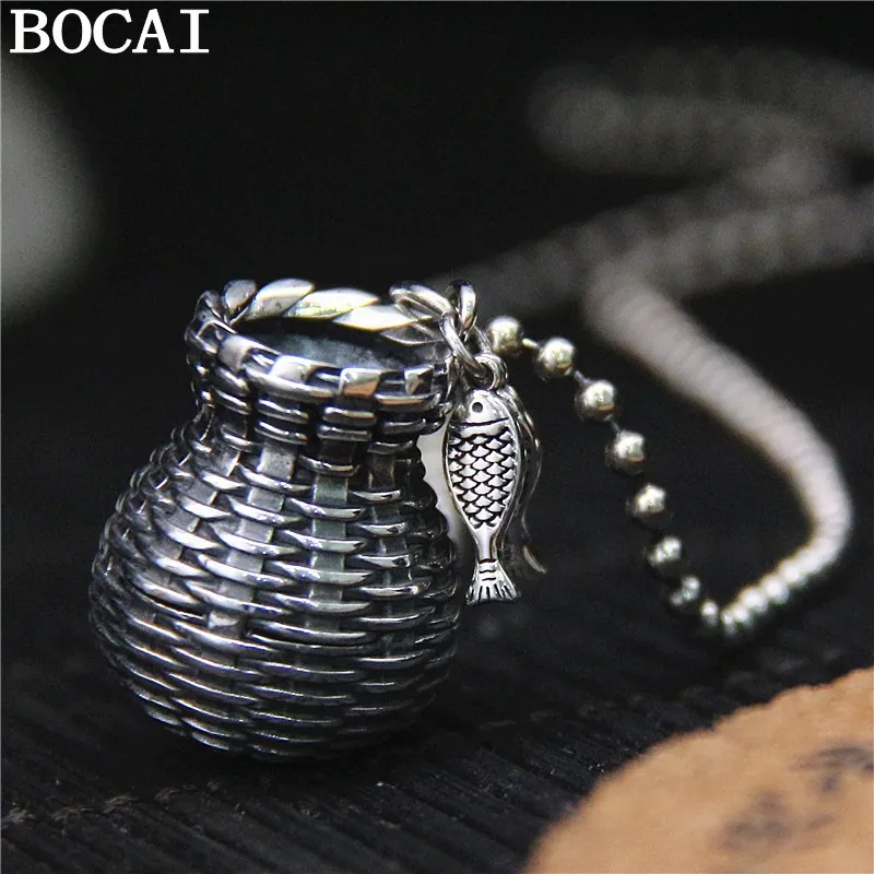

BOCAI NEW S925 Silver Retro Niche Dafengshou Fish Basket Woven Earrings Pendant