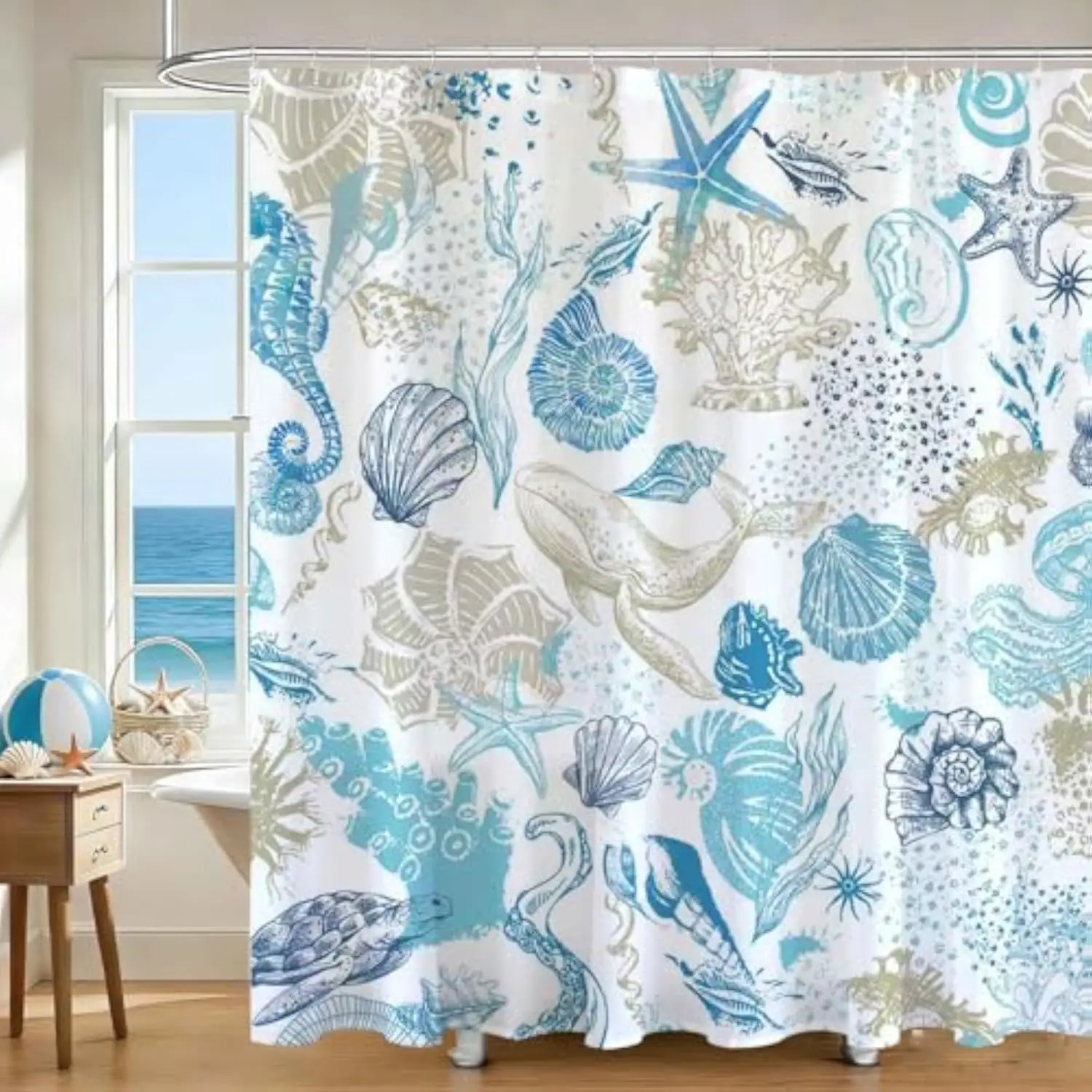 Nautical Coastal Shower Curtain Ocean Seashell Starfish Coral Bathroom Shower Curtain Summer Underwater Showercurtains