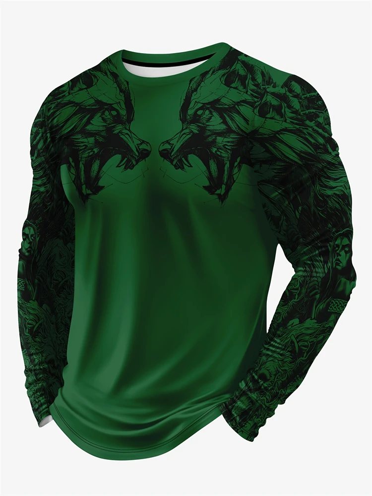 2025 New Double Wolf Print Men's Tops Spring Daily Casual Men's Long Sleeve T-Shirt Street Fashion Men's Long Sleeve T-Shirt