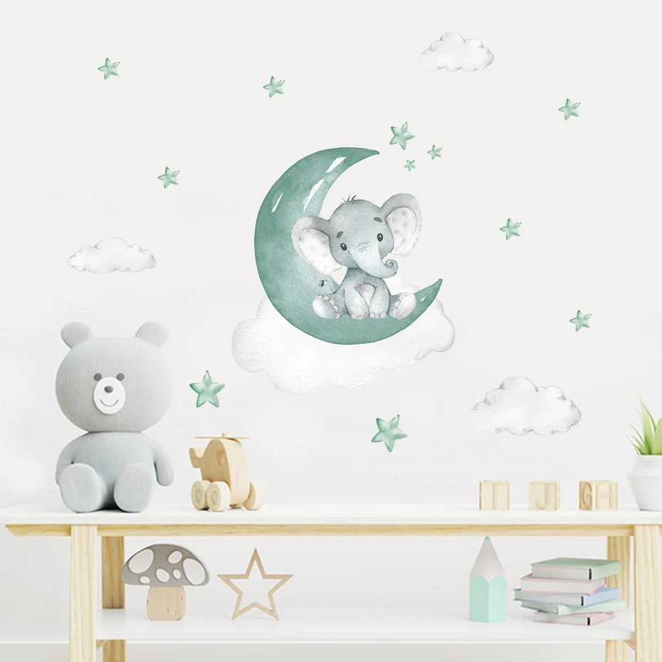 Pegatinas de pared de elefante, Luna, estrellas, azul y verde, calcomanías de pared extraíbles para guardería, carteles artísticos, decoración