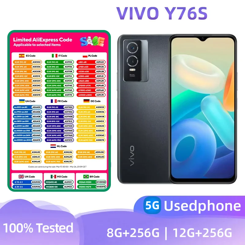 VIVO Y76S 5G SmartPhone CPU Dimensity 810 6.58 inches 4100mAh 50MP Cameras Android Used Phone