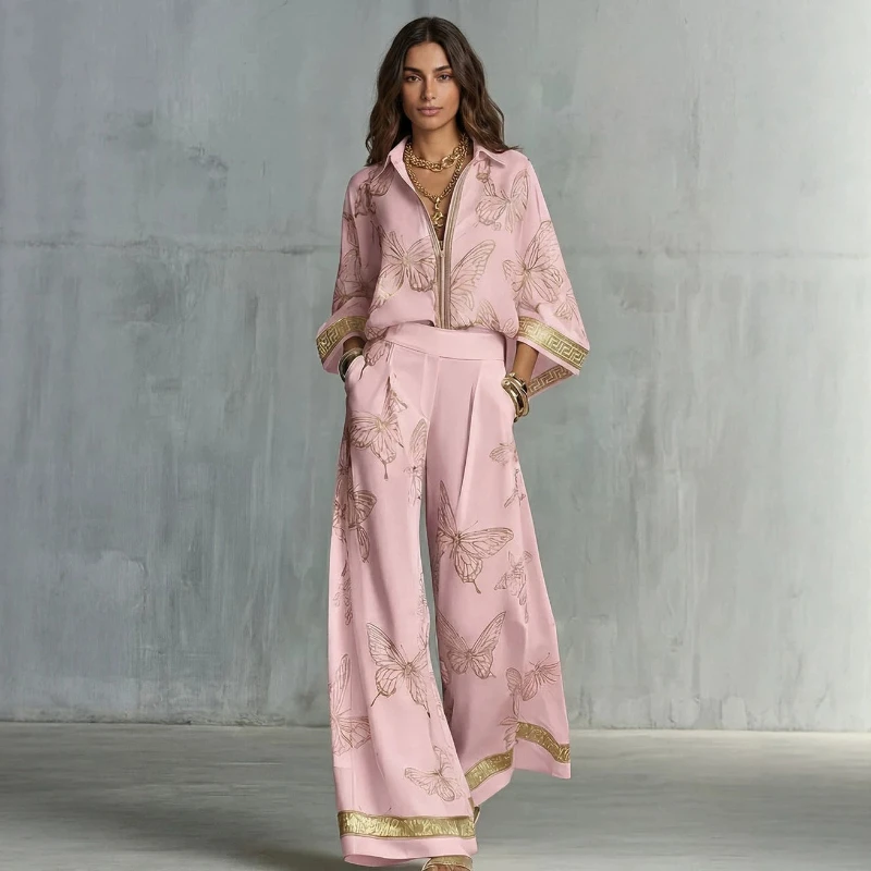 Spring New Fashion Retro Print Loose Zipper Top Wide Leg Pants Two-piece Set European and American Cross-border Women's Clothing