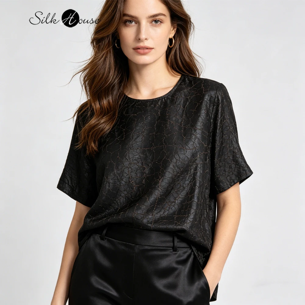 

2026 Women's Fashion Summer New Design Sense 100% Natural Mulberry Silk Fragrant Cloud Yarn Round Neck Short Sleeve T-shirt