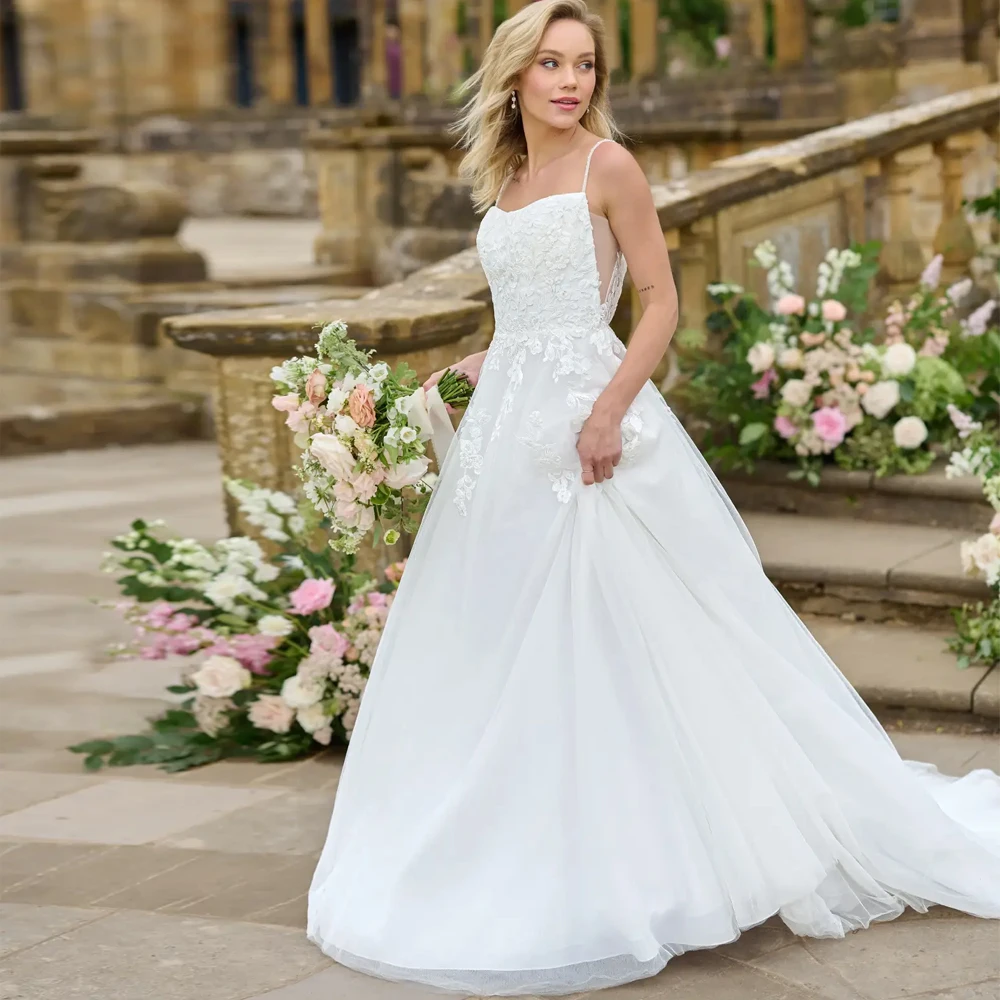 

Spaghetti Strap Deep V Neck Wedding Dresses Applique Lace Detachable Sleeve Bridal Grown Customized Open Back Vestidos De Novia