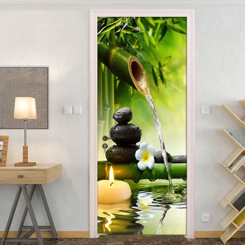 Stream Waterfall Sunset Landscape PVC Door Sticker Mountain Valley Seascape Art Mural Poster for Bedroom Living Room Door Decal