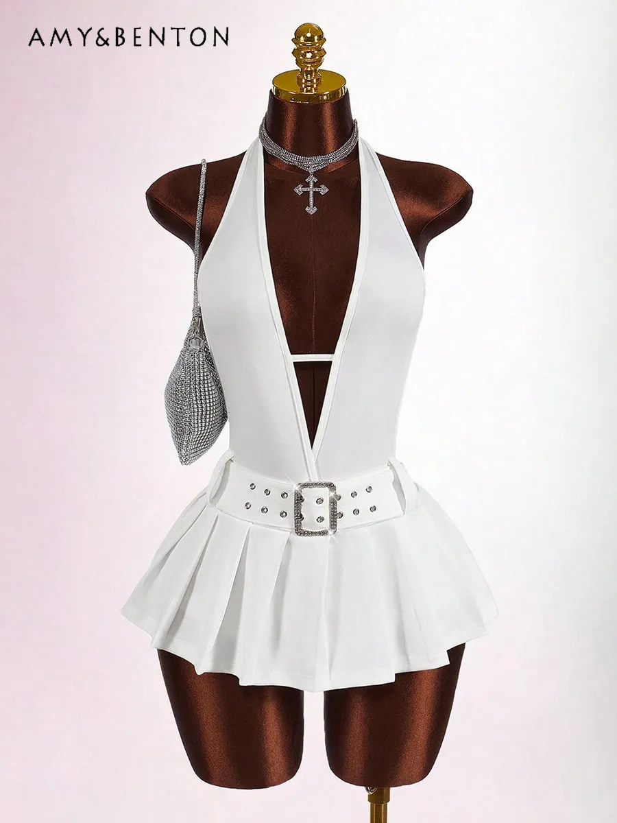 

Summer Sexy Hot Girl Halter Neck Deep V CutoutSparkling Rhinestones Metal Belt Buckle Short Pleated White Black Red Pink Dress