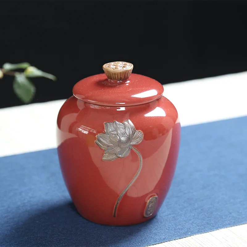 Creative Ceramic Lotus Wave Ceramic Tea Jar Moisture-proof Sealed Storage Bottle Household Large Capacity Candy Storage Jar Home