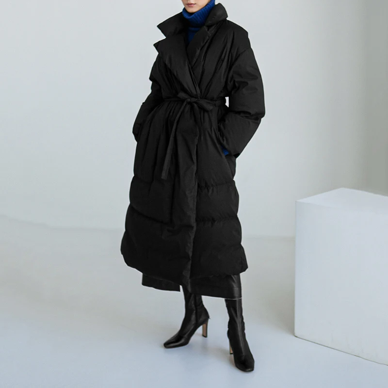 Nuevas chaquetas largas de invierno con cuello levantado, abrigo cálido de manga larga con cinturón suelto, abrigo cálido acolchado de algodón sólido a la moda para mujer