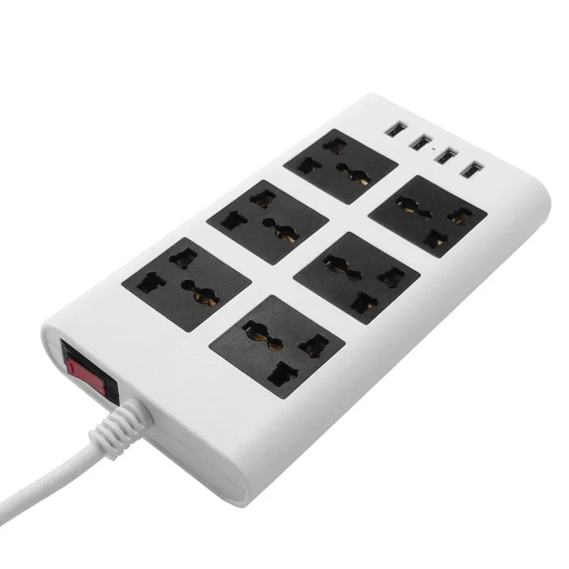 6AC Universal Sockets Power Strip EU/UK/US Plug with 4 USB Charger Port 2500W Surge Protections Circuit Breaker