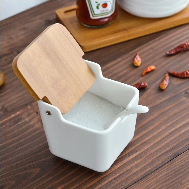 Ceramic Seasoning Rack Spice Pots Bowls with Spoon & Porcelain Box and Bamboo Cover - Storage Container Condiment Jars