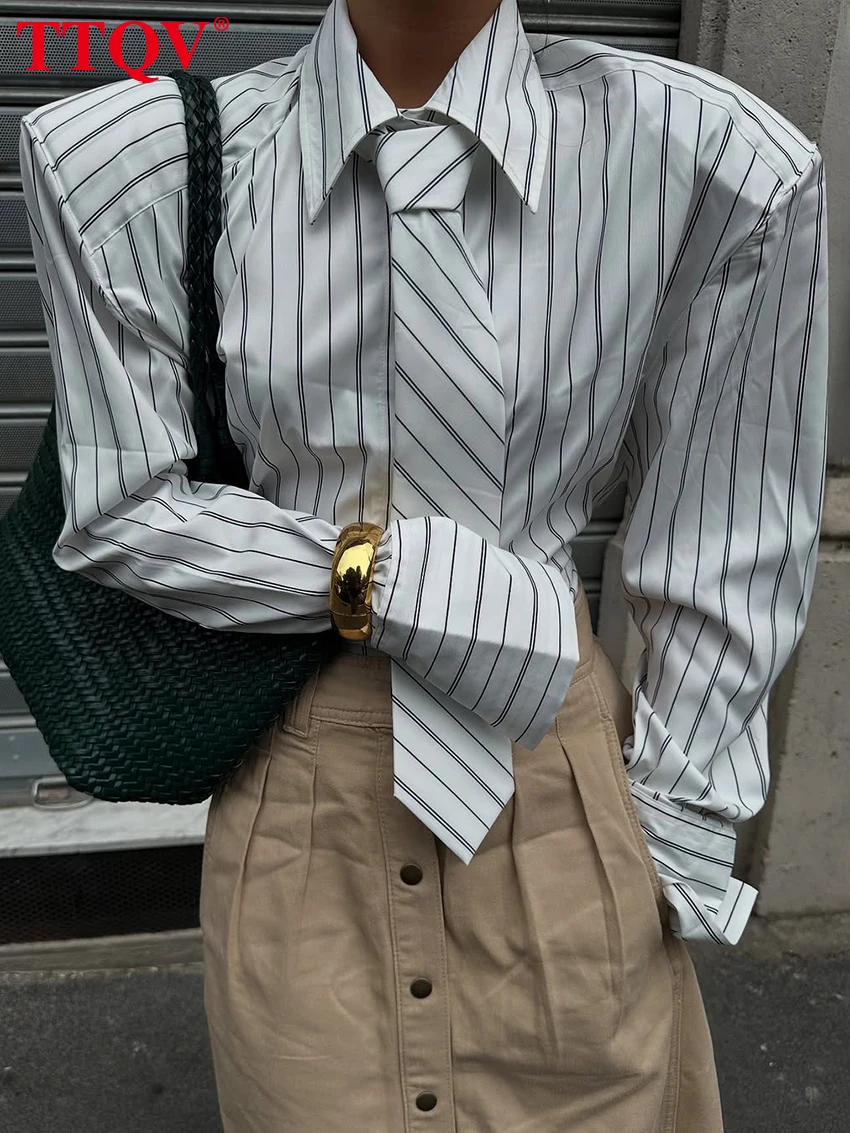 

TTQV Fashion Loose Stripe Print Women's Shirt 2026 Casual Lapel Long Sleeve Blouse Lady Elegant Classic Tie Top Female Clothing