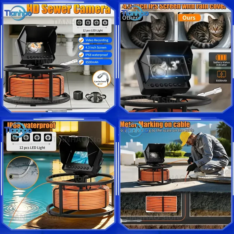 for Sewer Pipe Inspection Camera 18MM 23MM 16GB DVR IP68 Waterproof Drain Pipeline Industrial Endoscope with 4.3 Inch Monitor