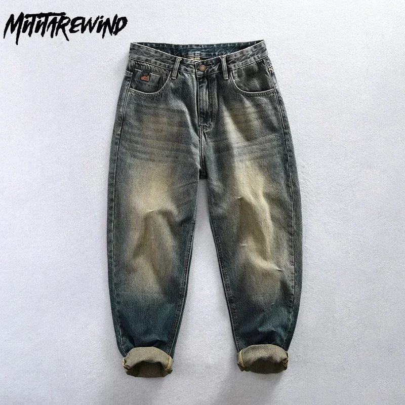 

Ретро потертые синие джинсы Мужские мешковатые джинсы High Street Повседневные прямые джинсы из чистого хлопка Y2k Уличная одежда Молодежная мода Джинсовые брюки