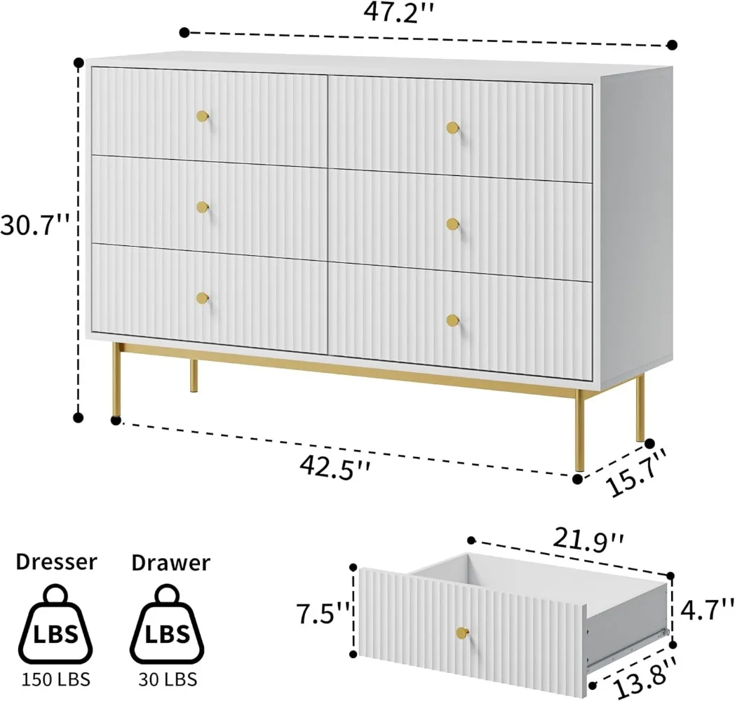 6 Drawer Double Dresser for Bedroom, White Dresser with Gold Handles, White 6 Drawer Dresser with Fluted Panels