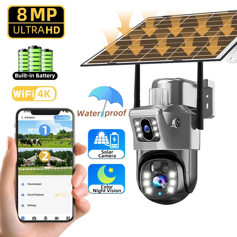 V380 Pro 4K 8MP Dual Lens Solar 4G WiFi CCTV Telecamera esterna PIR Visione notturna Batteria a bassa potenza Sorveglianza di sicurezza