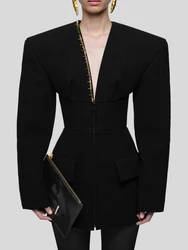 Sexy Deep V Neck Long Sleeve Mini Blazer Dress Women Black Sequins Design Slim Dresses Elegant Evening Party Gowns