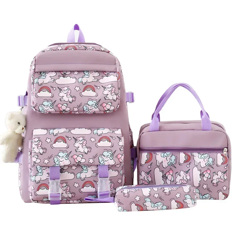 Cute Printed Girl Backpack Bento Bag Three Piece Set Student Large Capacity Cartoon Backpacks School Bags Mother Kids Bags Girl