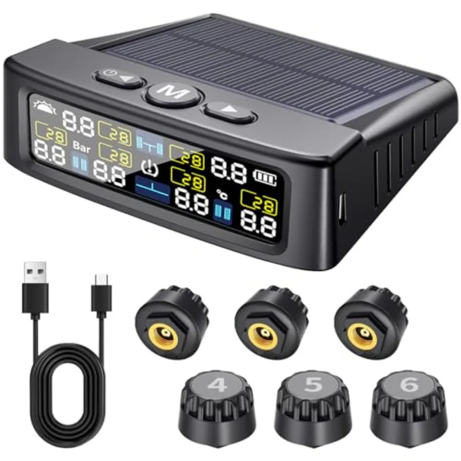 

RV Tire Pressure Monitoring System -TPMS Tire Pressure Monitor with 6 SensorsM12-3 TPMS Solar Charge and USB Color LCD Display