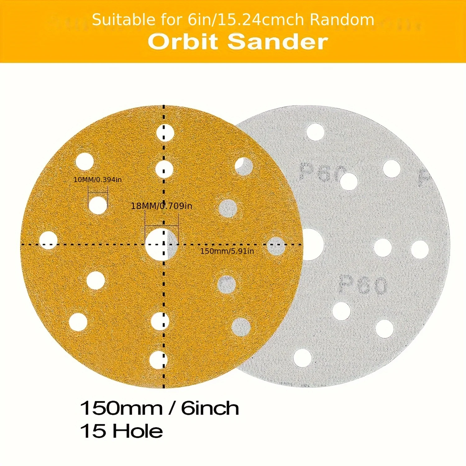 30pcs 6 Inch 150mm 15 Holes Yellow Sanding Discs Hook & Loop Sandpaper for Orbital Sander Wood Metal Polishing