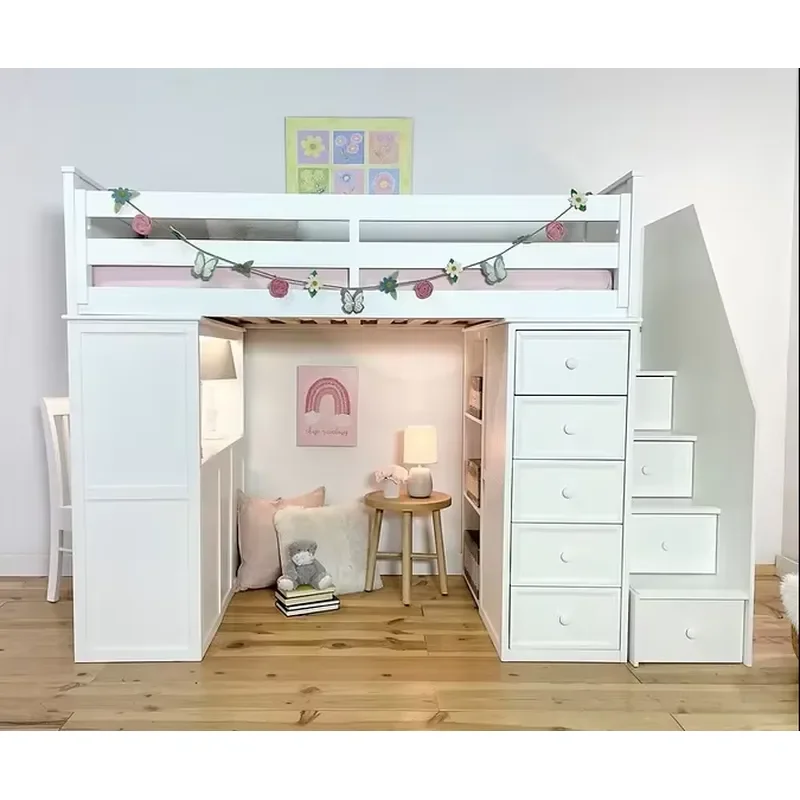 Modern Metal Loft Bed with Stairs Natural Wood Finish Space Saving Elevated Bunk for Student Dormitory Durable Frame