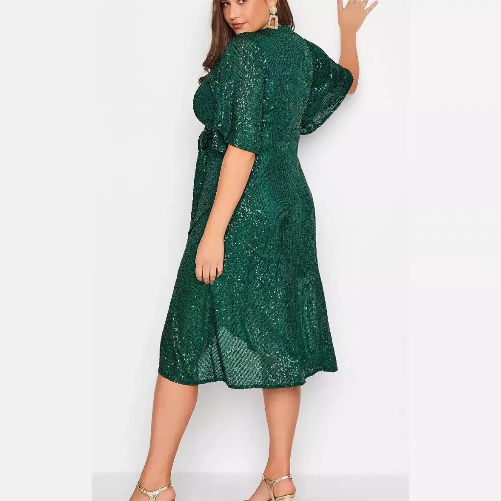 Estación independiente vestido de lentejuelas de talla grande con cuello en V para mujer vestido grande de estilo europeo y americano