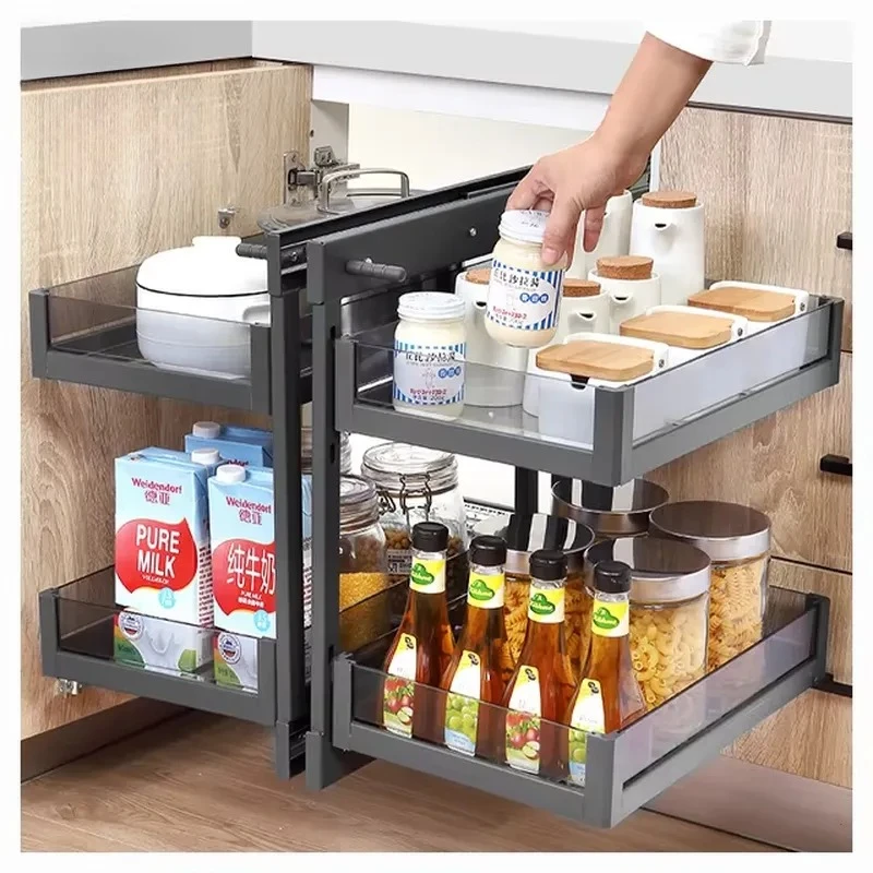for Kitchen Universal Magic Corner Cabinet Blind Corner Swing Tray Pull Out for Glass Grey Basket Lazy Susan Organizer