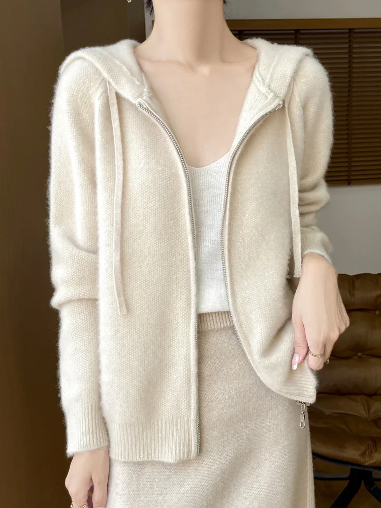 سترة نسائية بقلنسوة من الكشمير سترة خريفية سميكة بأكمام راجلان 100% صوف ميرينو تريكو سحابات ملابس علوية دافئة JJ12