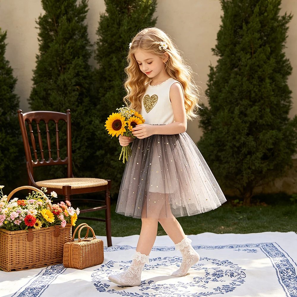 DXTON  Sleeveless Kids Dresses For Girls Summer Children Casual Clothing Sequined Heart Knitting Toddler Vacation Costume 4-10Y
