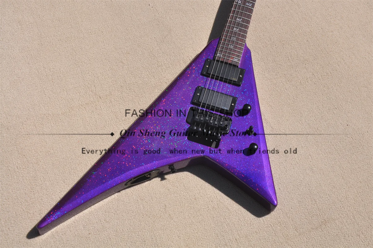 Purple Electric Guitar Flash Silver Particle Guitar Tremolo Bridge Black Buttons rosewood Fingerboard Skull Inlay