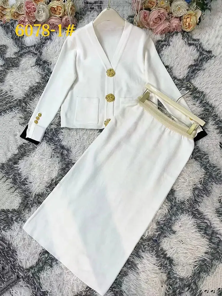 Conjunto informal de dos piezas para mujer, suéter de punto con cuello en V, manga larga, cárdigan de un solo pecho y falda Midi