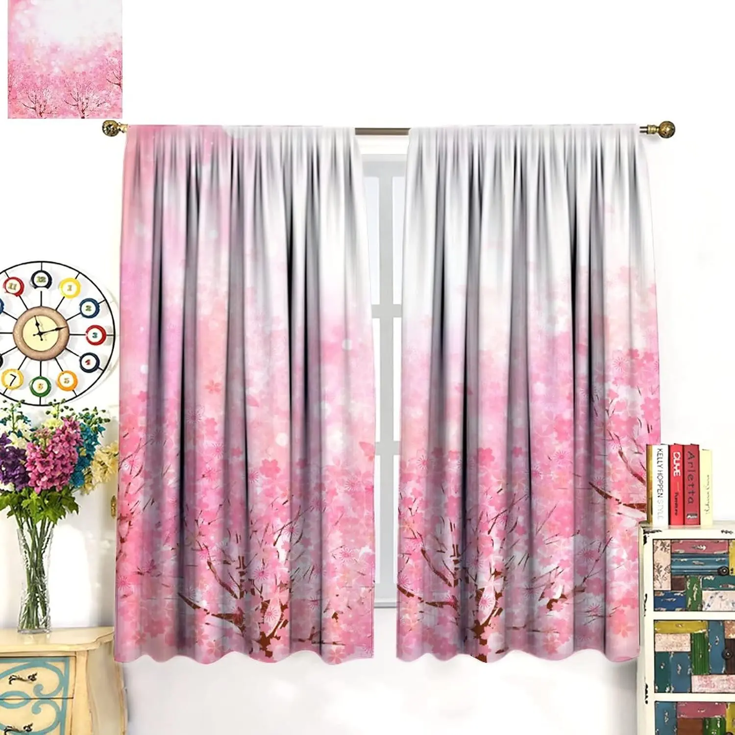 Light Pink Curtains, Japanese Cherry Blossom Cherry Tree Design Romantic Nature Themed Blackout Window Treatments Curtains Room