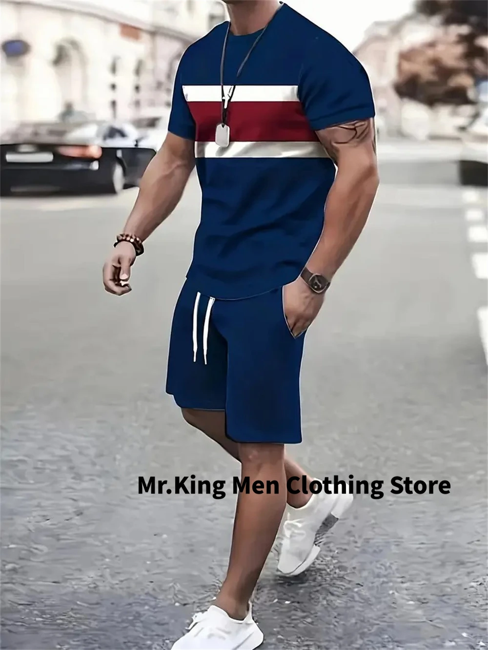 Terno masculino de verão com estampa de listras 3d, camiseta de luxo, manga curta, shorts, confortável, solto, roupas esportivas, conjunto de duas peças