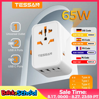 TESSAN 65W GaN Travel Adapter Universal Socket with 2 USB 3 Type C Fast Charging Internaitonal Power Adapter EU/UK/USA/AUS Plug