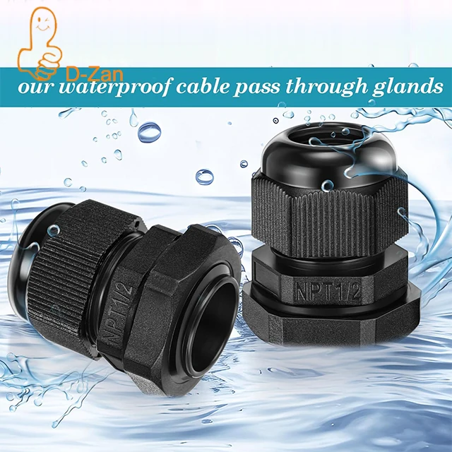 

3/4" NPT Black Adjustable Cable Glands IP68 Waterproof Electrical Connectors, Nylon Cord Grips Strain Relief for Electrical Box