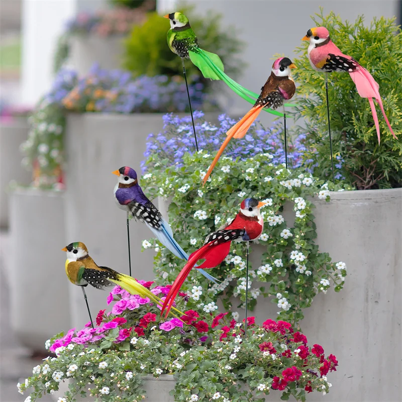 

6Pcs Artificial Foam Birds Stakes Outdoor Yard & Garden Decor Colorful 3d Fake Simulated Bird Decoration for Home Flower Pot Bed