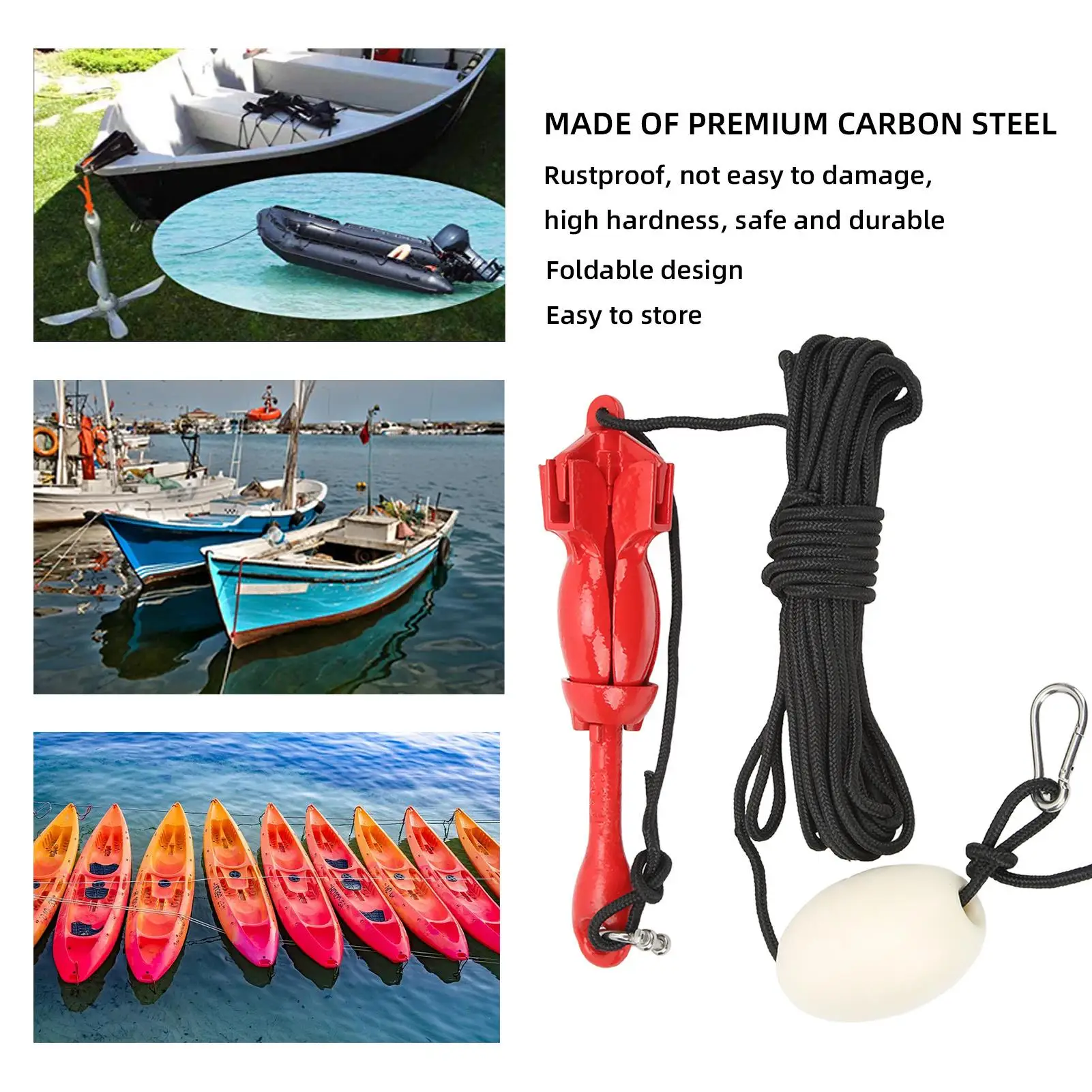 1.5kg Foldable Grapnel Boat Anchor with 39.4ft Tow Rope & Carrying Bag - Carbon Steel for kayak & Marine Use