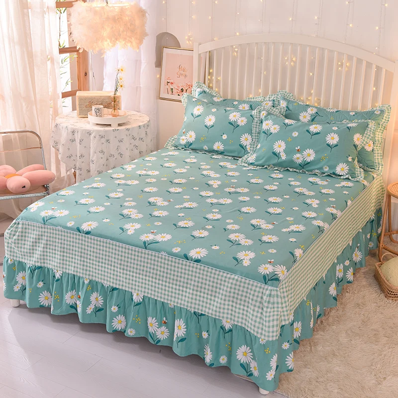 Daisy Printed Bed Skirt Cotton Fitted Double Bedspread with Pillowcases Mattress Cover Bedding Set Elastic King Size Bedsheet