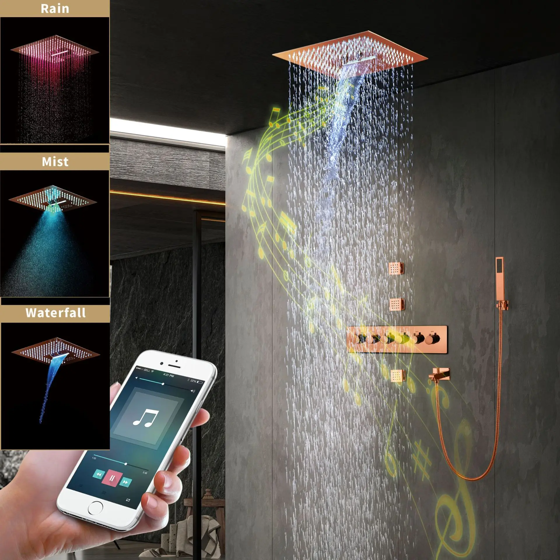 Hotel Embedded 16 Inch Three Function With Music Top Spray Bathroom LED Shower Shower Set Rose Gold